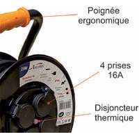 Enrouleur PRO de chantier 3G2.5 25m IP44 platine fixe (anti twist) - câble H07RN-F- 4 prises 16A - garantie 2 ans