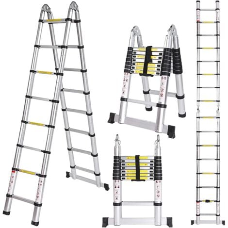Échelle Télescopique Portable et Pliante Échelle Escamotable en Aluminium Noir Charge 150KG - 3,2M (1,6M + 1,6M)